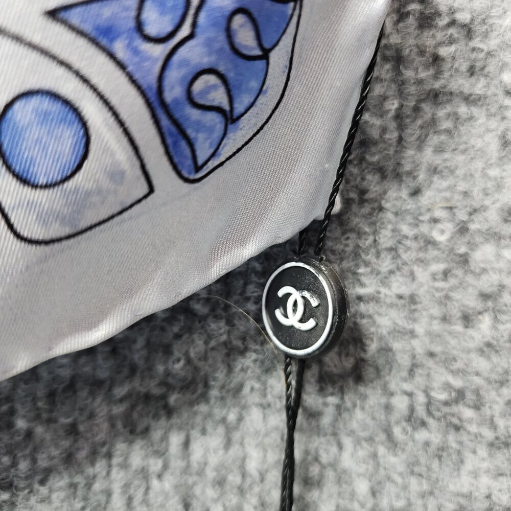 Chanel CC 100%‎ Silk Square Scarf Stole White Blue Women's Rare Italy NWT - Picture 9 of 16